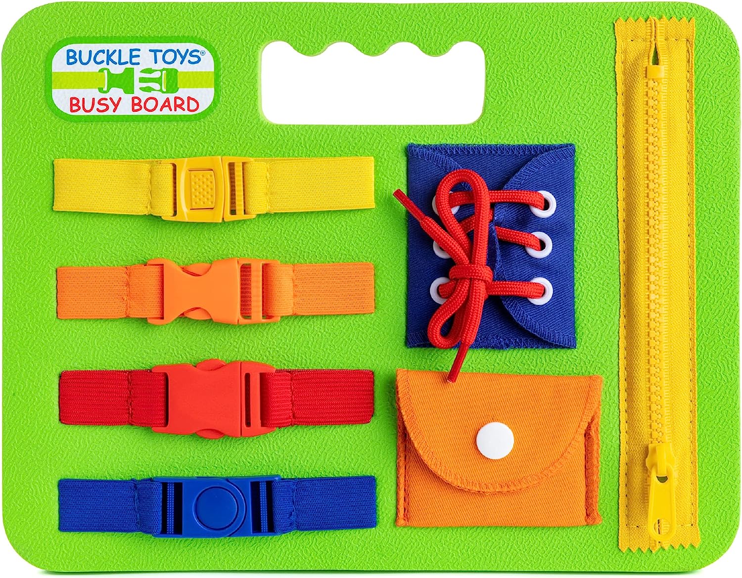 Buckle Toys Busy Board with yellow orange red blue buckles yellow zipper orange pouch red laces