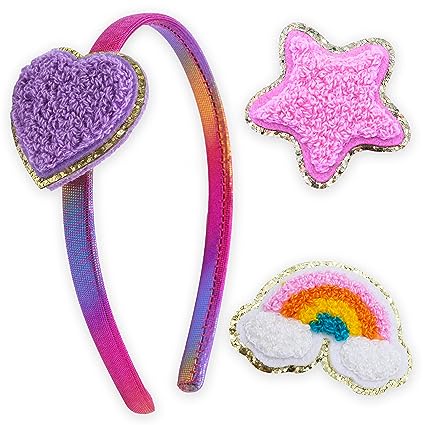 FROG SAC Interchangeable Charm Headbands for Girls, Rainbow Star Heart Headband for Kids, Preppy Chenille Patch Little Girl Hair Bands, Thin Toddler Hairband, Hair Clip Accessories for Children