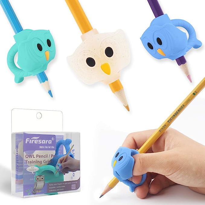 Firesara Pencil Grips, Original Owl Pencil Grips for Kids Handwriting Ergonomic 3 Fingers Sets Aid for Trainer Handwriting Posture Correction, Assorted Pencil Grips for Righties and Lefties (3Pcs)