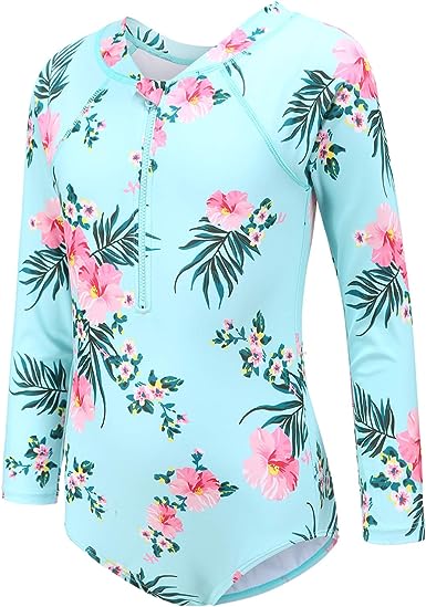 Moon Tree Girls One Piece Swimsuits Long Sleeve Rash Guard Zipper Front Bathing Suit UPF 50+ (Floral)